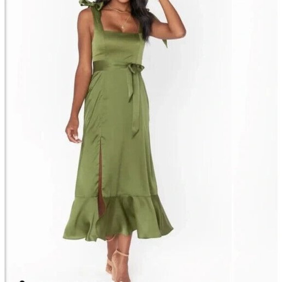 Show Me Your Mumu Claire Midi Dress Green Satin Size Medium Boho Side Slit - Picture 1 of 6